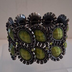 Open Cuff Bracelet Green Stones Wide 1 3/4